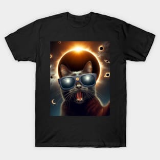 black cat taking a selfie with solar 2024 eclipse wearing Glasses T-Shirt